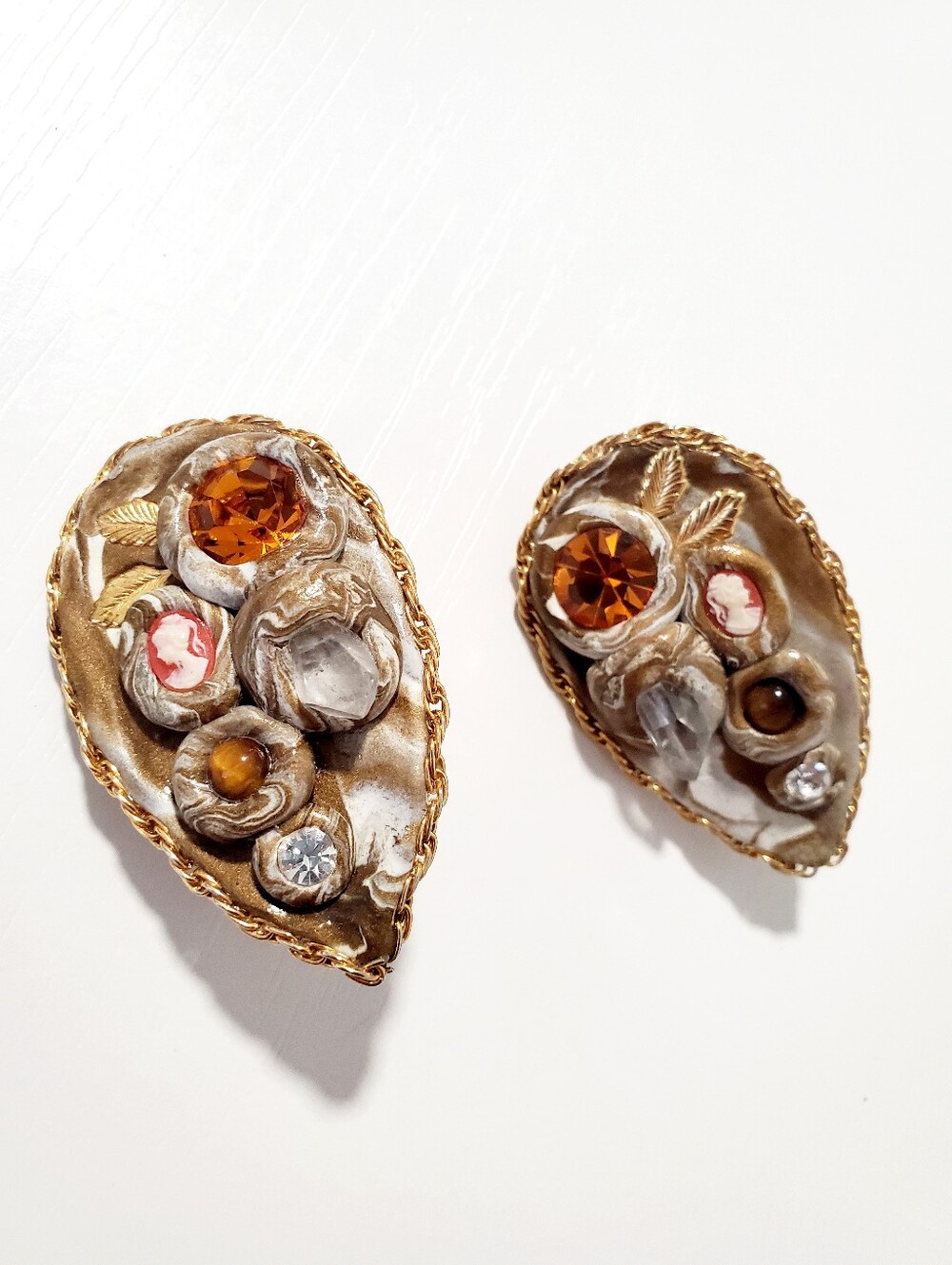 Vintage-Gold Tone Clip Earrings with Amber and Crystal Accents